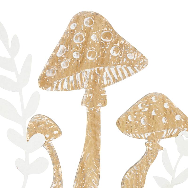 Wooden Mushroom Cutout Home Wall Decor with Carved Twisted Frame and White Floral Accents - Set of 2 Brown - Roche River Decor