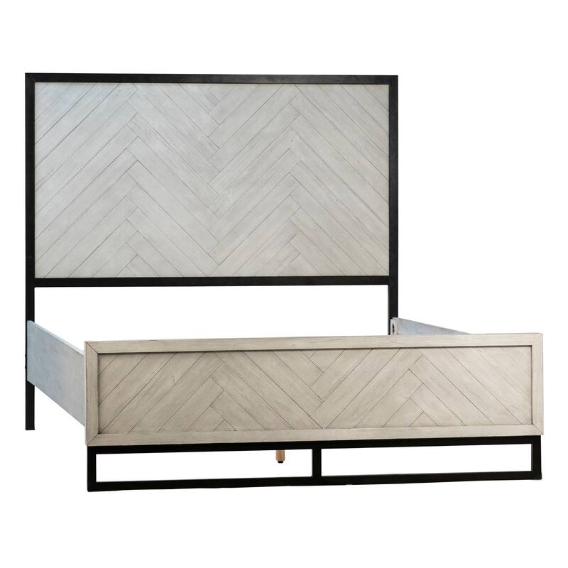 Vincent Light Wash Acacia and Black Iron Panel Bed with Herringbone Headboard - Queen
