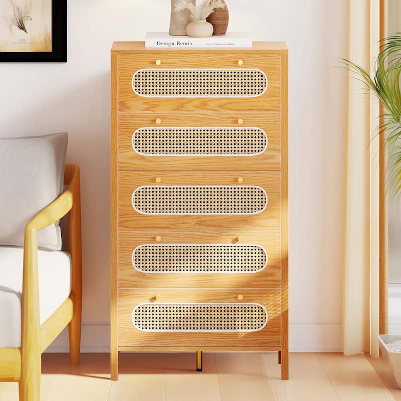 Moasis 4-6-Drawer Dresser Chest Drawer Storage Cabinet Rattan Wood Closet - Natural - 5-drawer