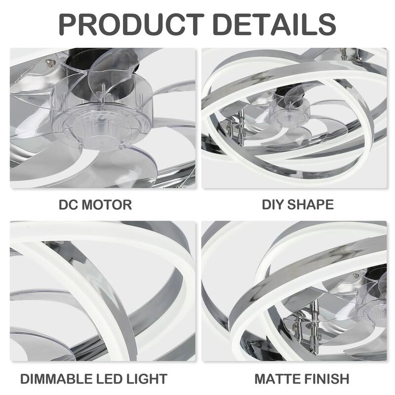 24" Adjustable Light Kit Flush Mount Ceiling Fan, 3 Color Tone CCT dimmable 6 Fan Speed, Remote & App Control for Bedroom