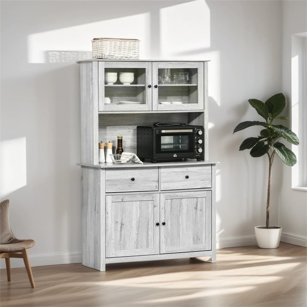 Kitchen Buffet w/ Hutch, 4 Shelves, Drawers, Open Microwave Countertop