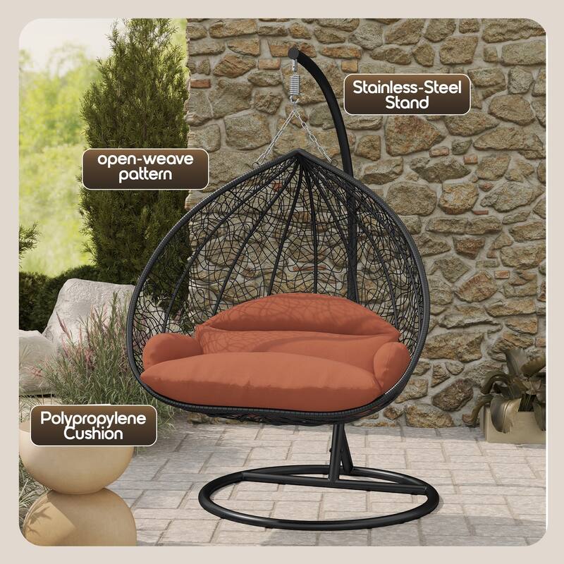 2-Person Outdoor Hanging Egg Chair with Teardrop Frame, Weather-Resistant Cotton Cushioned Seat for Patio and Indoor Use