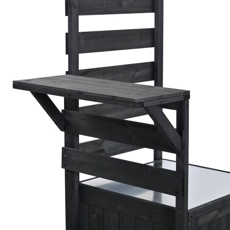 Solid Wood 62.3'' Patio Kitchen Island Kitchen Cart with Stainless Table Top, Garden Potting Bench with Raised Shelf and Drawers