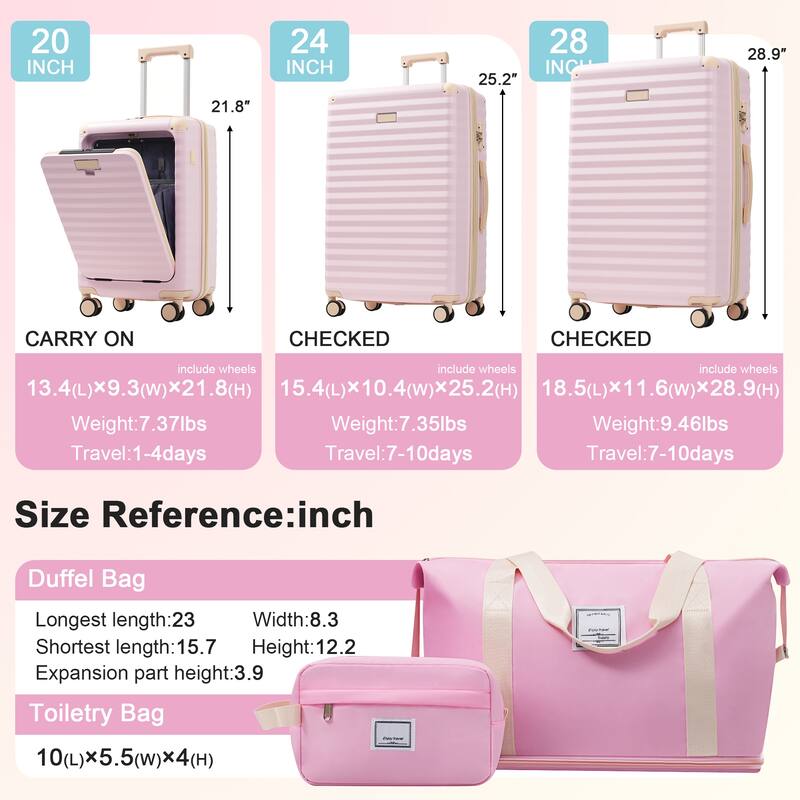 5-Piece Modern Expandable Luggage Sets, Front-opening Luggage with USB Port, Cup Holder and TSA Lock, for Boarding Travel, Pink