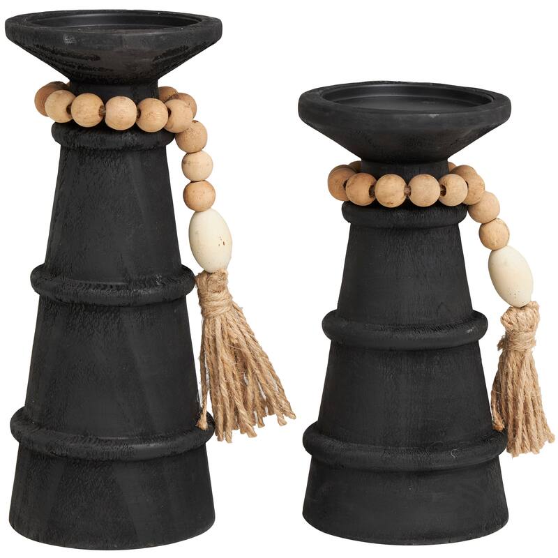 Black Wood Handmade Textured Matte Candle Holder with Beaded Garland Accent (Set of 2)