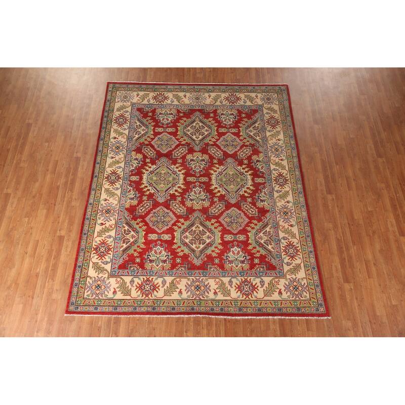 Red Geometric Kazak Area Rug Handmade Wool Carpet - 7'11" x 9'11"