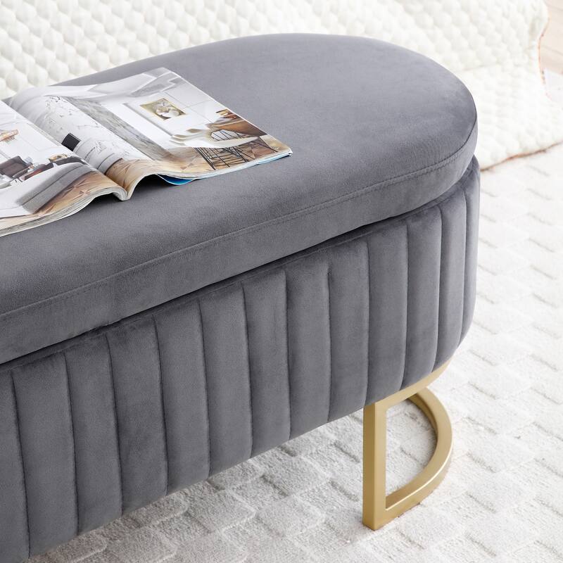 Storage Bench Bedroom Bench, Velvet Oval Upholstered End of Bed Bench with Golden Metal Legs, 50" Storage Ottoman Bench