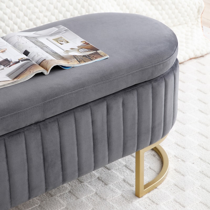 Storage Bench Bedroom Bench,Velvet Oval Upholstered End of Bed Bench with Golden Metal Legs,50" Storage Ottoman Bench