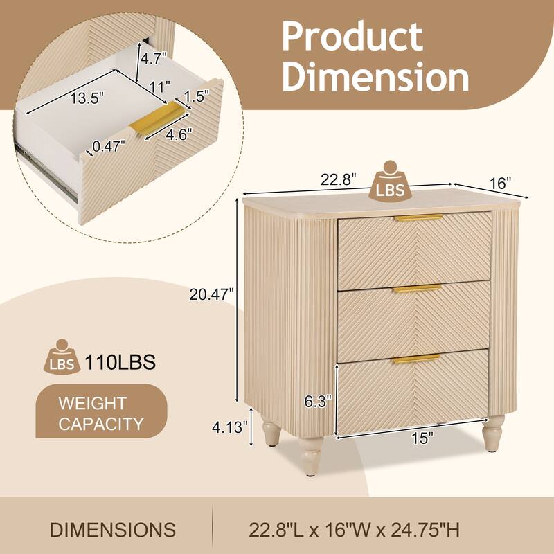 Mid-Century Fluted 3-Drawer Nightstand - Curved Profile + Wide Gold Glossy Handles, Easy Assembly Bedside/End Table (Champagne)