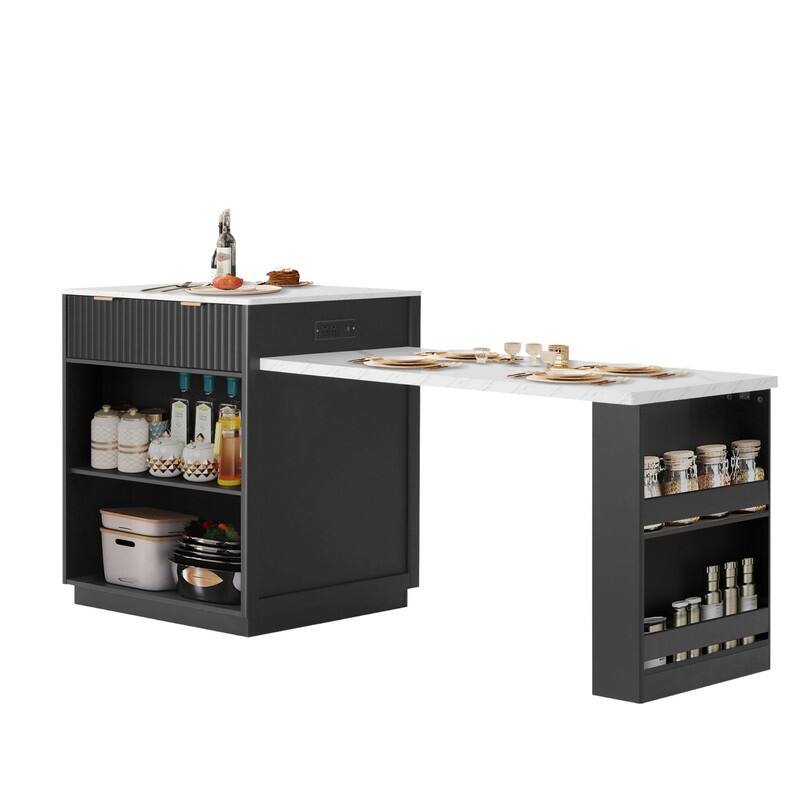 82.6" Fluted Kitchen Island with Extendable Dining Table and Power Outlet for Modern Kitchen Spaces