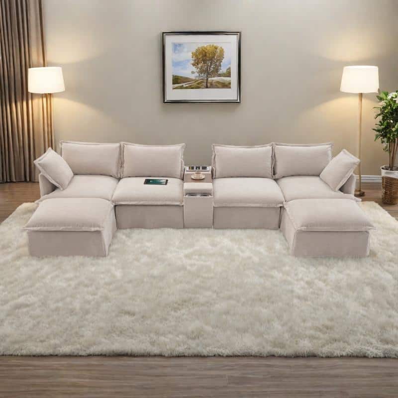 131" Chenille U-Shaped Modular Sectional Sofa with 2 Movable Ottomans, Smart Console (USB Charger + Cup Holders + Storage)