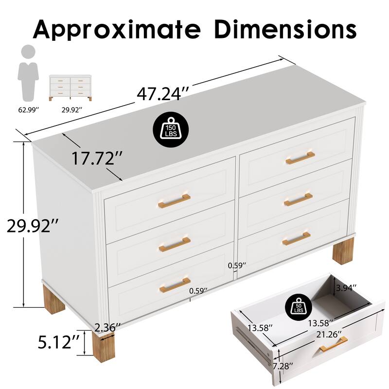 Rossetta 6-Drawer Mid-Century Modern Ribbed Lines Double Dresser Cabinet with Solid Wood Legs and Metal Handles