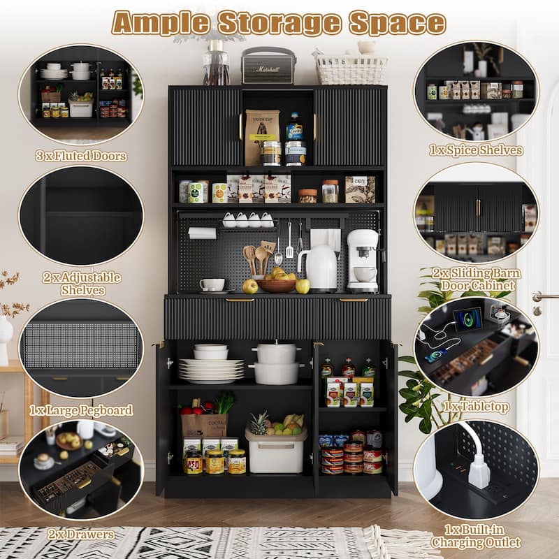 Meyreso Boho Fluted Kitchen Pantry Storage Cabinet Hutch with Microwave Stand and Power Outlets