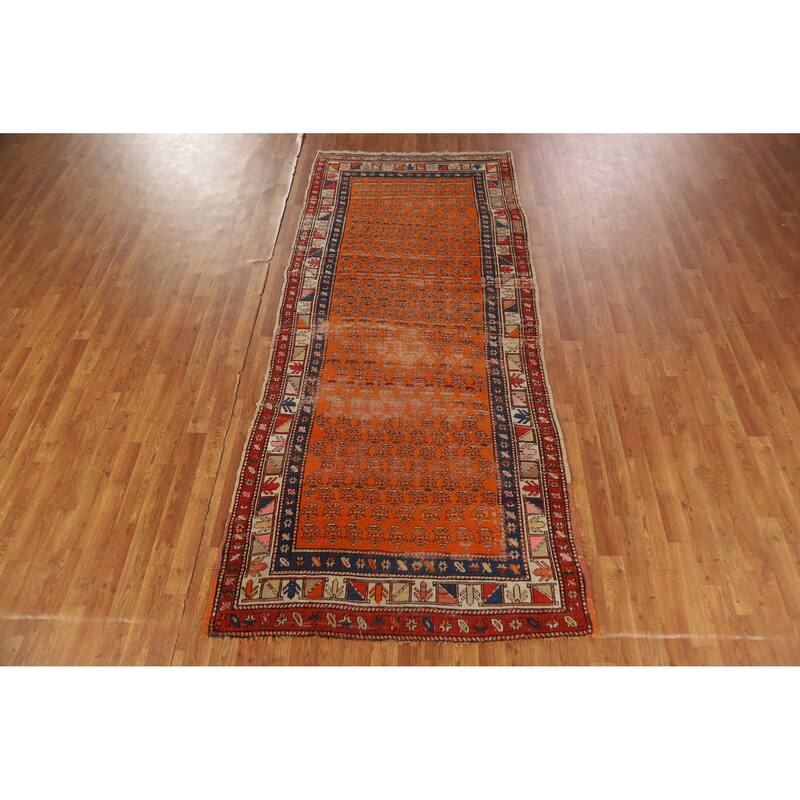 Hand Knotted Oriental 100% Wool Carpet Traditional Geometric Oranges & Rust Caucasian Runner Rug - 9' 3'' X 4' 0''