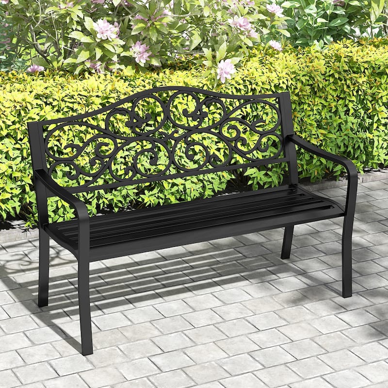 Black Cast Iron Metal Garden Bench with Floral Backrest and Ergonomic Design - 50" L x 24" W x 35" H