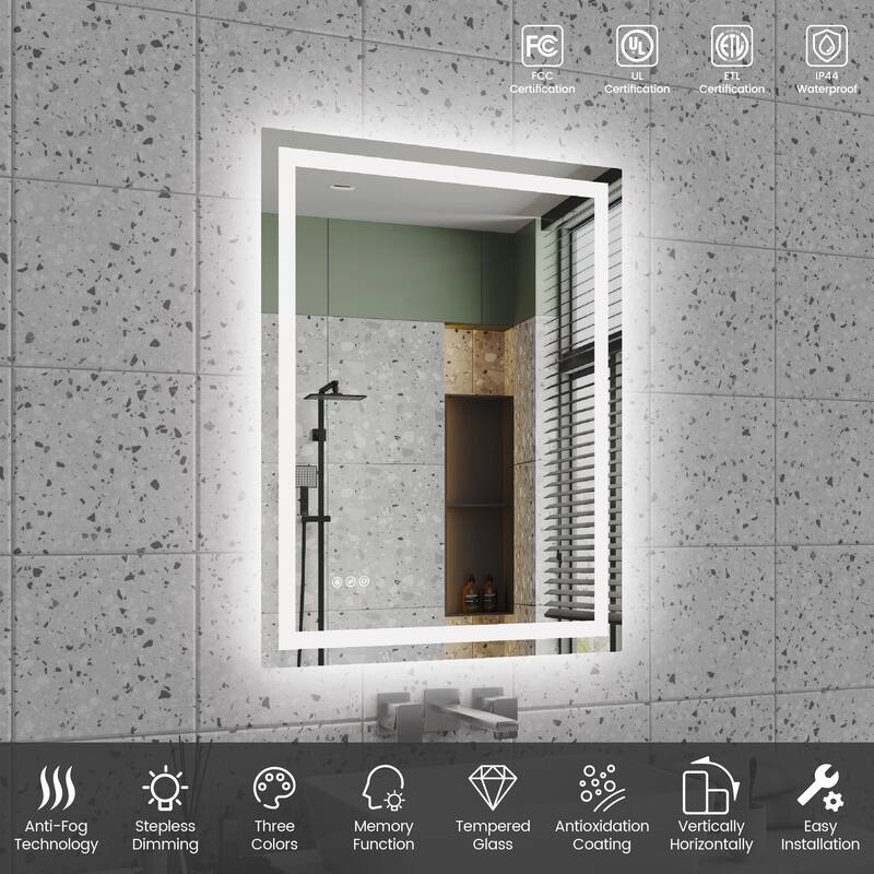Silver Aluminum LED Bathroom Mirror with Anti-Fog, Dimming and Color Control - Dimensions: 28" x 36"