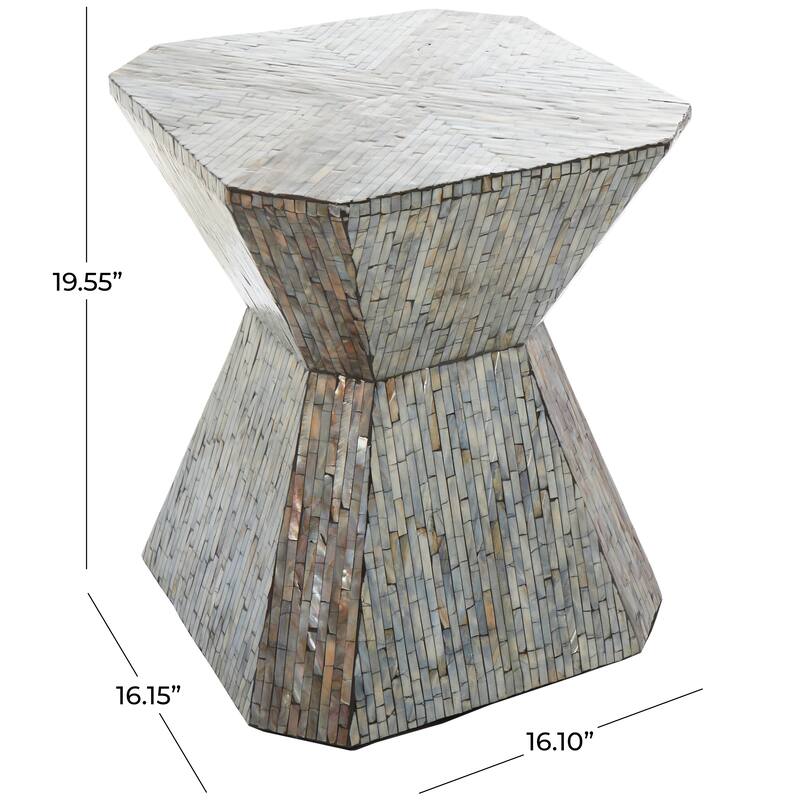 Gray Mother of Pearl Shell Hourglass Geometric Accent Table with Linear Mosaic Pattern