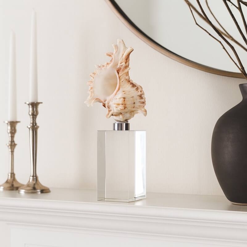 Glass Shell Decorative Object Crystal Block Base Coastal Glam Design - 3" x 3" x 8"