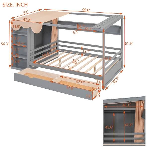 dimension image slide 2 of 3, Multifunction Full Size House Bed Frame w/ 2 Drawers & Built-in Wardrobe(with Curtain), Wood Storage Bed Frame for Kids, Teens