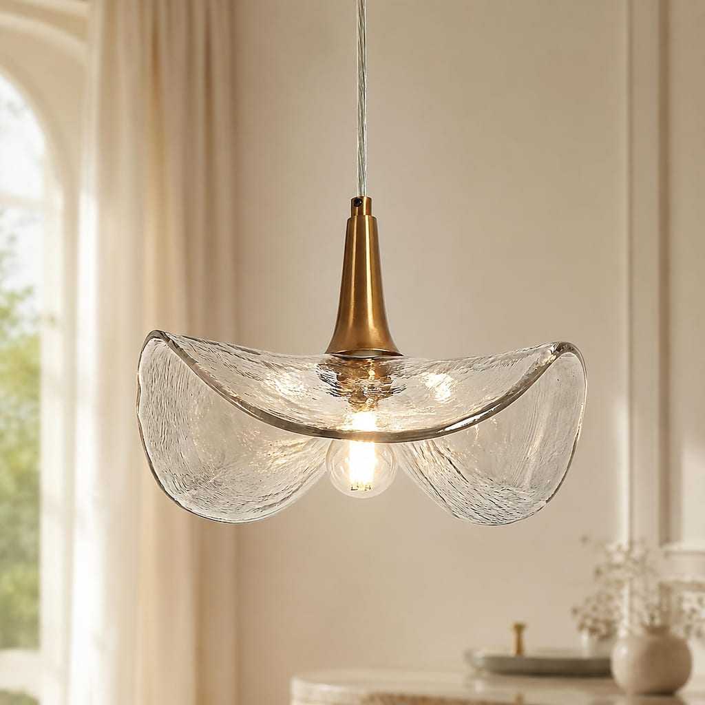 Modern Gold 1-Light Pendant Light with Textured Glass for Kitchen Island Bedroom - D11" x H67.9" Max