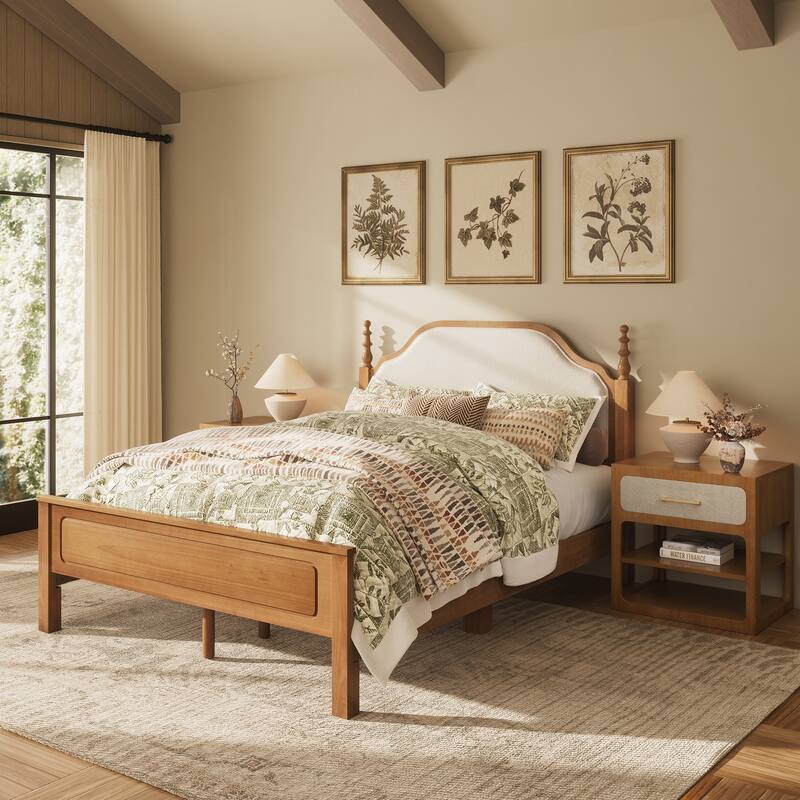 Classic Turned Post Wood Bed Frame with Upholstered Headboard, Sturdy Screw-Free Slats and Noise-Free Support