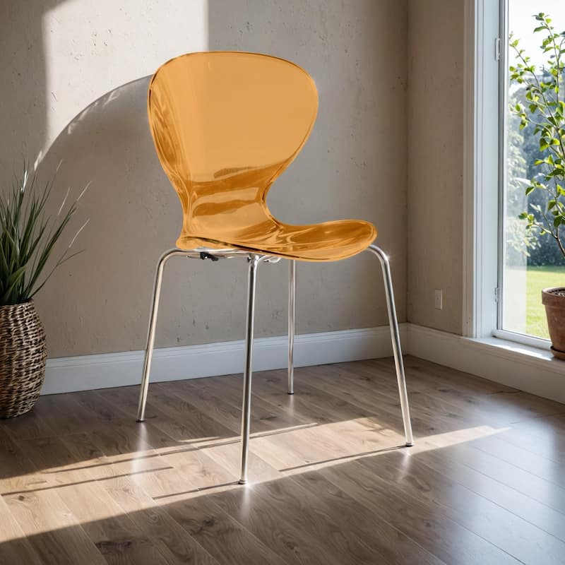 Oyster Modern Ergonomic Transparent Stackable Dining Side Chair with Chrome Steel Legs, Rounded Seat Edge for Indoor Outdoor Use