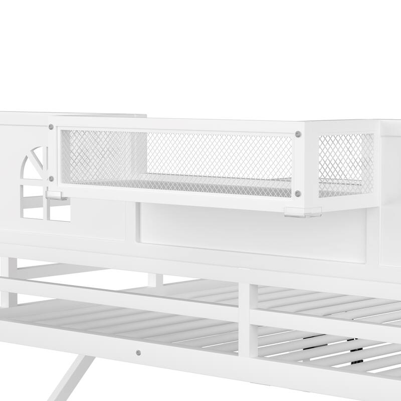 Queen/Full Size Metal Loft Bed with Stairs and House-Shaped Guardrails, High Loft Bed with Built-in Wardrobe