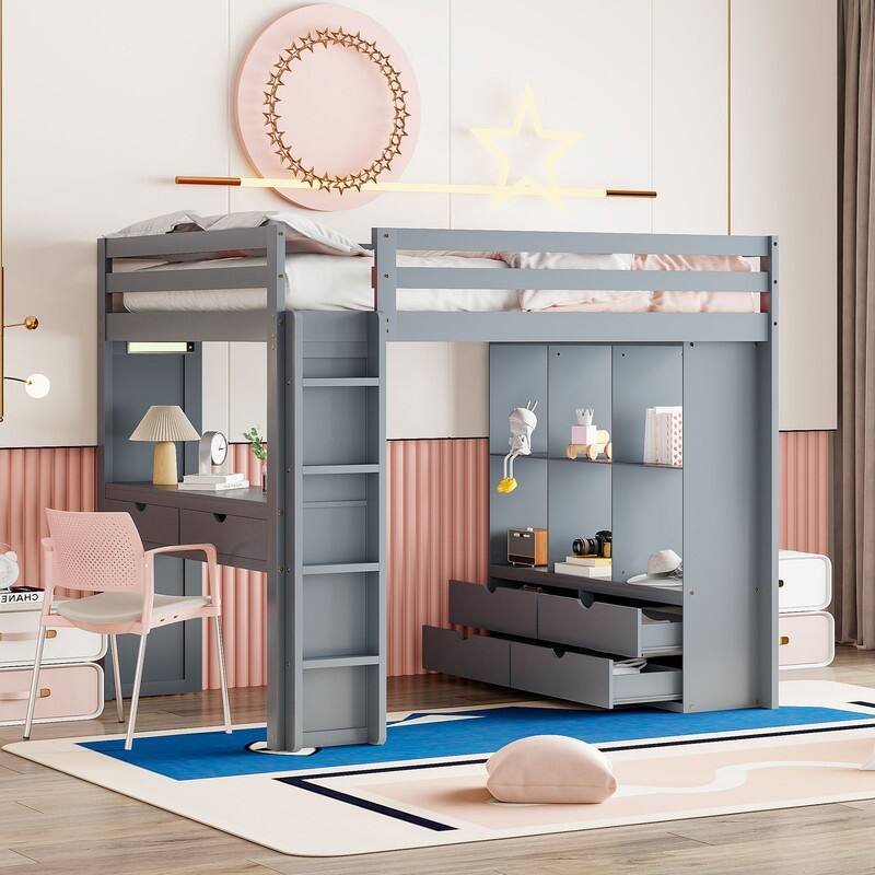 Full Size Solid Wood Loft Bed with Desk,Shelves,and LED Light - Grey