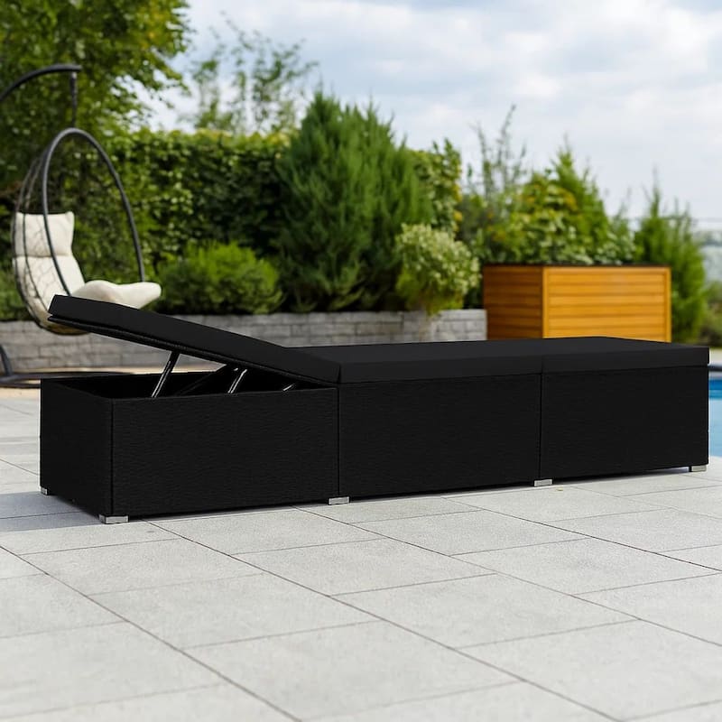 Outdoor Chaise Sun Lounger with Cushion, 77 Inch Black Poly Rattan