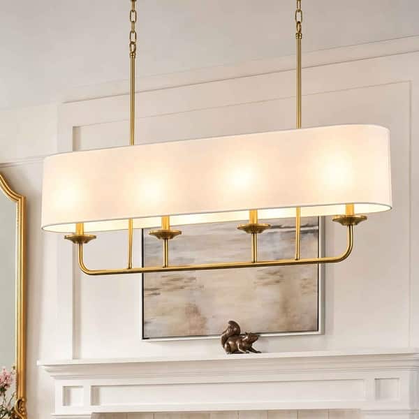 slide 2 of 7, Rennnsan 4-Light Mid-Century Modern Gold Linear Fabric Shade Pendant Light for Kitchen Island/Dining Room 39.4 in. W x 7.9 in. D x 15.7 in. H - Gold