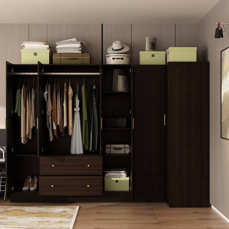 4 Door Wardrobe Large Storage Cabinet Armoire with Mirror and 2 Drawer