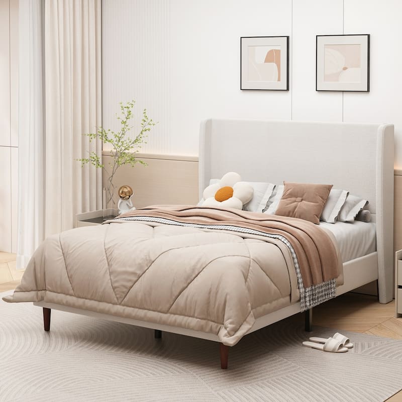 High Headboard Upholstered Platform Bed No Box Spring Needed - Chenille Cloth Beige - Queen
