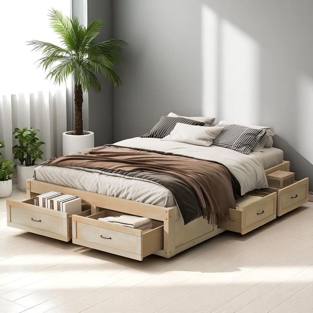 Full/Queen Platform Bed with 6 Storage Drawers, Modern Wood Frame with Slats, No Box Spring Needed