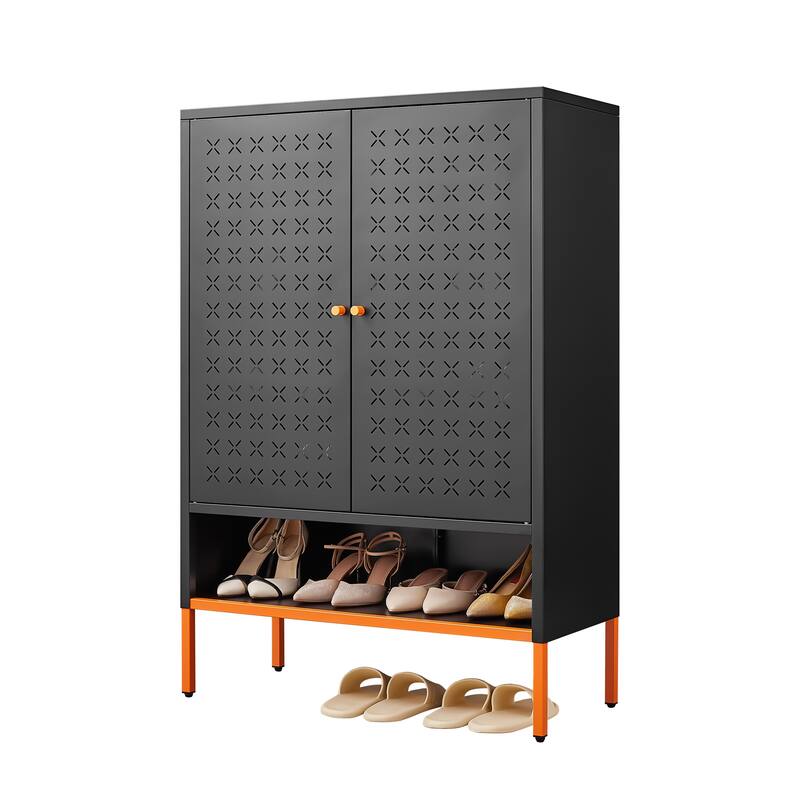 Grid Double Door Shoe Cabinet, Three Adjustable Compartments , Suspended Hollow Shoe Changing Compartment