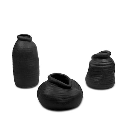 Black Ceramic Vases Set of Three Modern Smooth Round Decorative Pieces