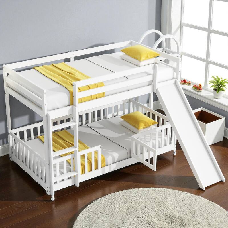 Solid Pine Wood Twin Over Twin Bunk Bed with Slide, Door, Ladder, and Guardrails, Convertible Floor Bunk Bed for Kids