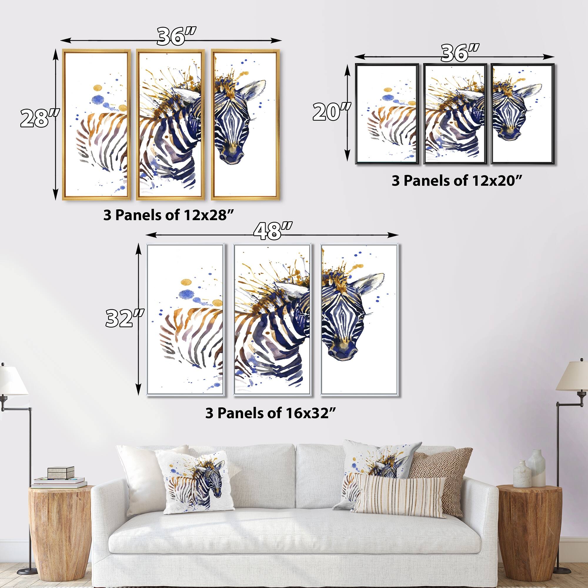 Designart "Little Zebra Art" Animal Framed Wall Decor Set of 3 4