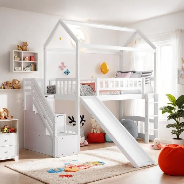 slide 2 of 20, Twin Loft House Bed with Two Drawers and Slide, White White