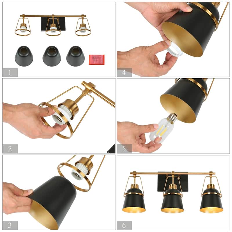 Modern Contemporary Black Gold 3-Light Bathroom Vanity Lights with Cone Metal Shade - L 21.5'' x W 5.7'' x H 10''