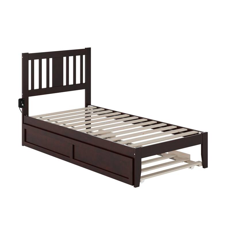 Twin Bed with Trundle - Espresso Finish, Solid Wood Frame - Space Saving Design