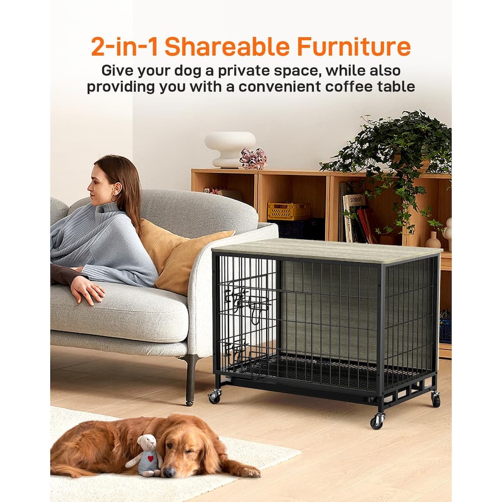 Grey Wooden Dog Kennel with Removable Tray and Wheels Dog Crate Furniture