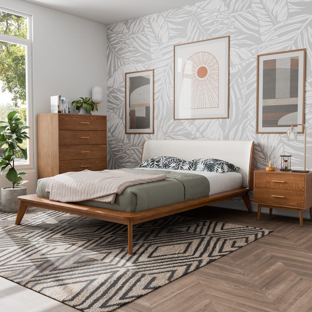 Furniture of America Beau Midcentury 3-Piece Boucle Wingback Low Profile Bedroom Set