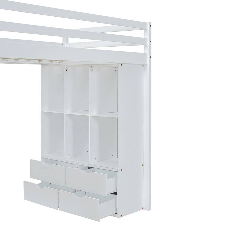 Twin Size Wooden Loft Bed with large shelves, writing desk and LED Light