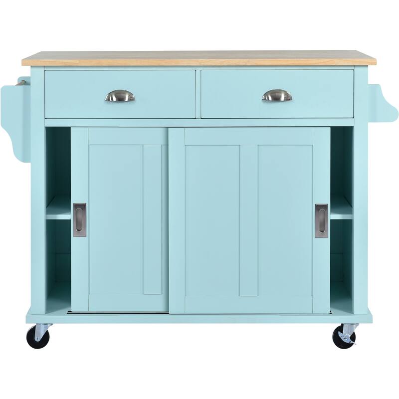 Rolling Kitchen Island with Drop-Leaf Countertop, Adjustable Shelves, 2 Drawers & Sliding Barn Door - Mint Green