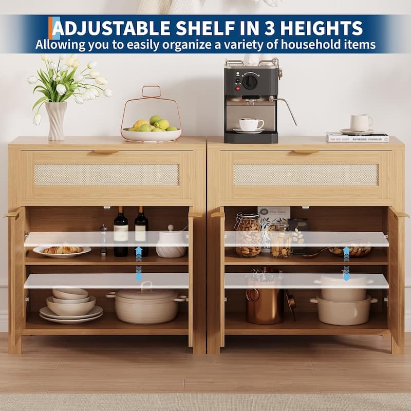 Modern Rattan Buffet Cabinet, Narrow Sideboard with Adjustable Shelves