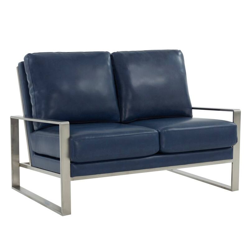 Jefferson Modern Leather Loveseat with Brushed Silver Stainless Steel Base, Removable Cushions, Sinuous Springs, Fully Assembled - Navy Blue