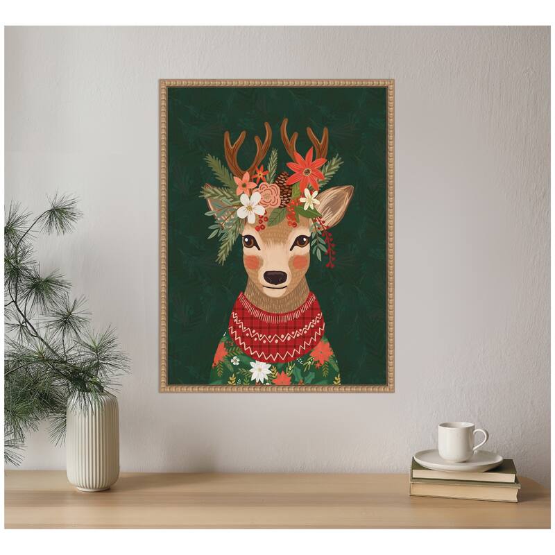 Kate and Laurel Sylvie Beaded Christmas Deer Framed Canvas by Mia Charro - Sylvie Beaded Rustic Natural