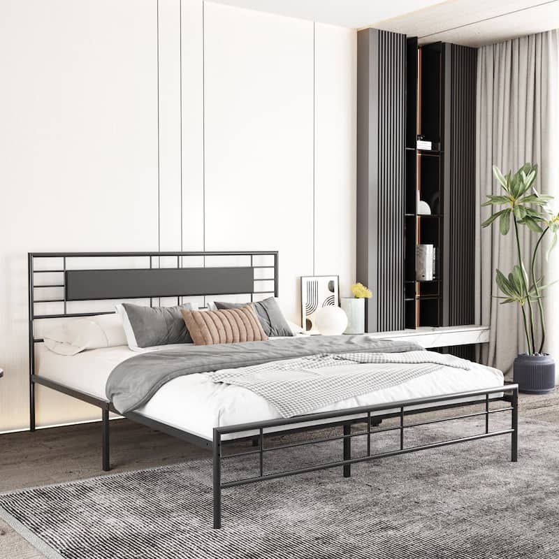 NNV Full Size Platform Metal Bed Frame with Leather Upholstered Headboard