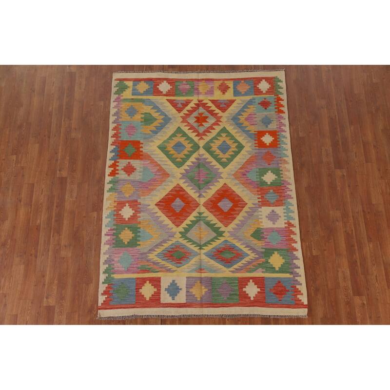 Hand Woven Oriental 100% Wool Carpet Southwestern Geometric Multi-Colored Kilim Area Rug - 6' 9'' X 4' 11''