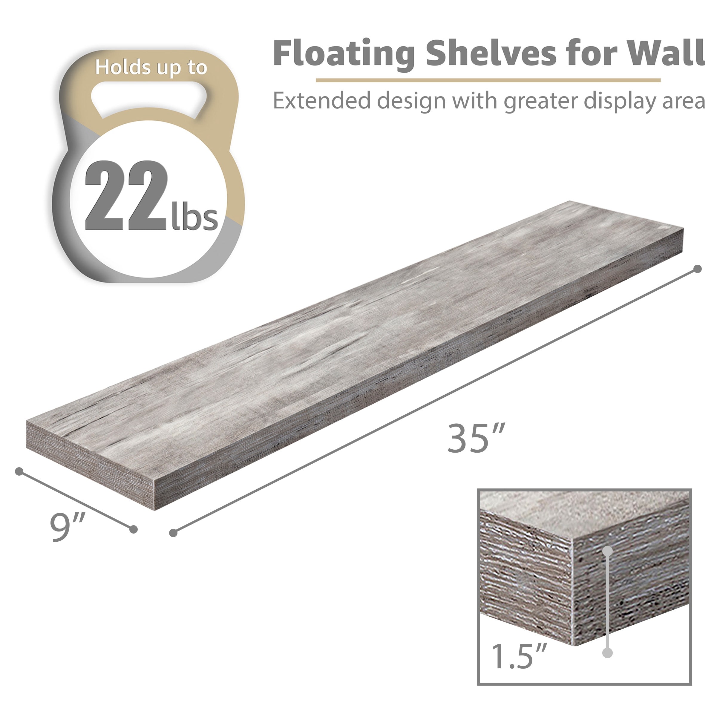 Sorbus Long Floating Shelves for Wall Set of 2 - 35"L x 9"W x 1.5"H